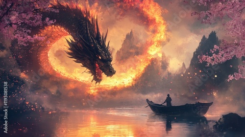 Fiery Dragon Encounter: A lone boatman confronts a majestic, fire-breathing dragon amidst a breathtaking landscape of cherry blossoms and tranquil waters.