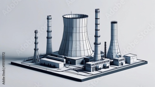 Modern Nuclear Power Plant Wireframe Design in Low Poly Style