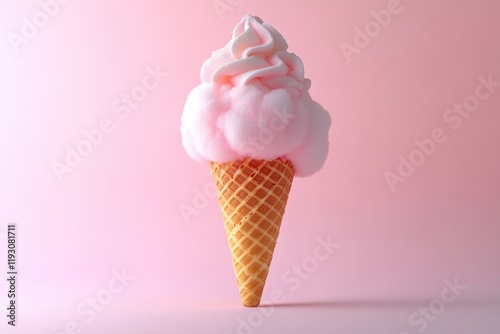 Delightful ice cream cone with swirls of soft pink cream against