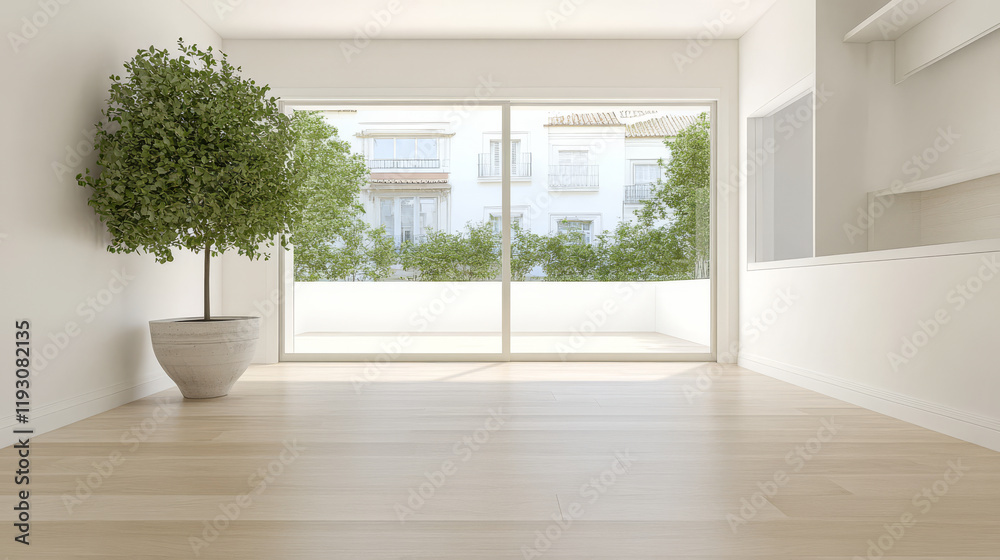 Fototapeta premium Bright and airy room with greenery and large windows in modern interior design