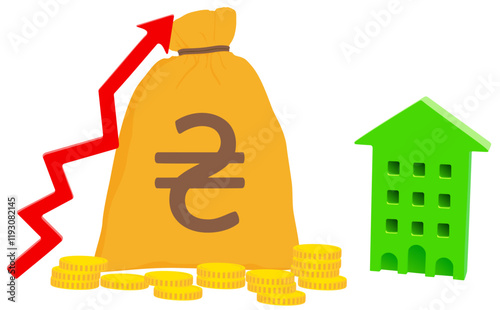 Vector illustration Ukrainian hryvnia money bag with red up arrow and residential building. Growth in property cost. Increase in prices for apartments and housing. 