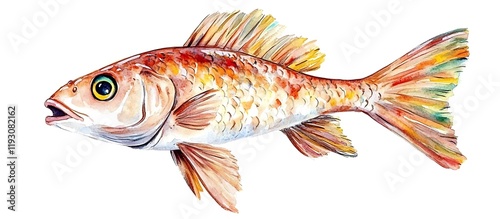 Watercolor painting of a cute cartoon fish, isolated on a white backdrop, featuring playful details and vibrant hues. photo