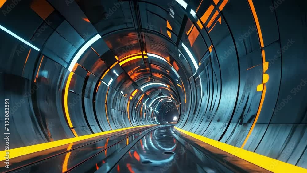A futuristic tunnel with glowing lines and reflective surfaces