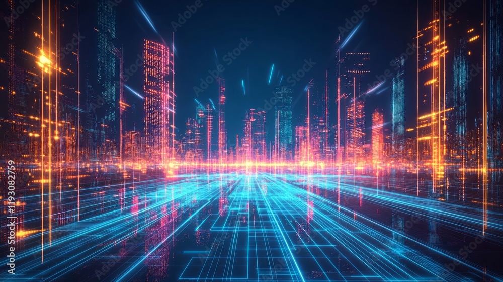 Futuristic cityscape with glowing neon lights and skyscrapers, Futuristic cityscape with glowing neon lights and skyscrapers,