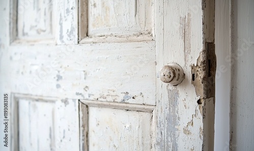 Weathered white wooden door with peeling paint and round knob, close-up, for renovation or vintage projects.