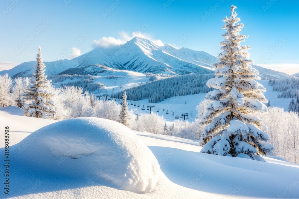 Obraz premium A winter scene in Park City, Utah, with snow-dusted mountains and ski lifts in the distance