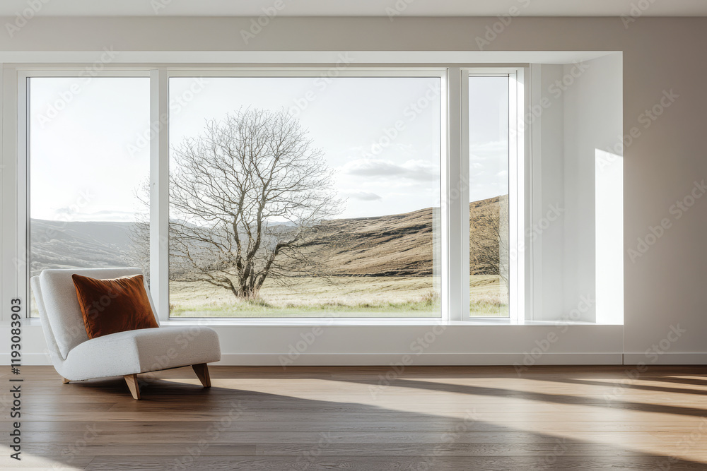 Fototapeta premium Natural light illuminates a minimalist room with a view of a tree and rolling hills