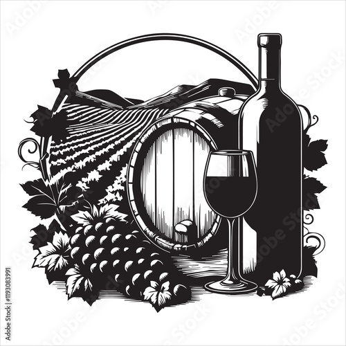 Winery ClipArt Design, Vineyard Scene vector illustration, Grapevine Graphics
