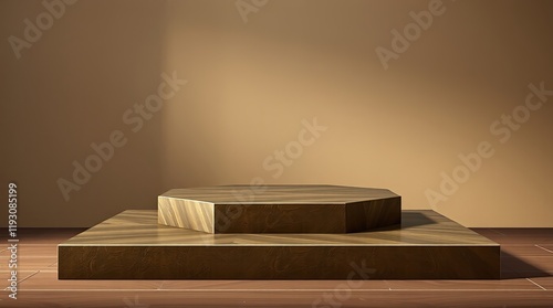 3D rendered product display podium scene with a geometric platform on a beige studio background.