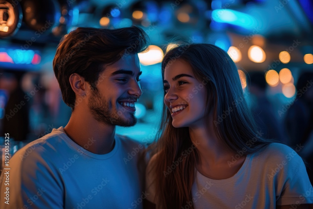 Intimate moment between two smiling individuals in vibrant atmos Intimate moment between two smiling individuals in vibrant atmos