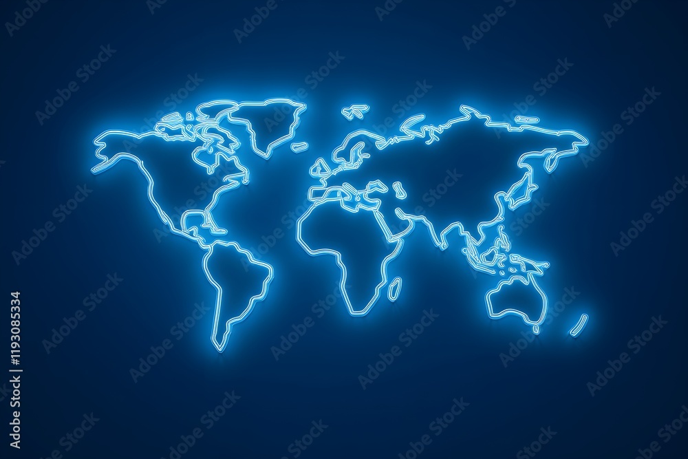 A minimalist glowing outline of the world map on a dark blue background. A minimalist glowing outline of the world map on a dark blue background.