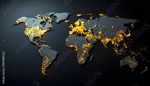 World map with night city lights. Planet earth with continents at night. Cities and technologies, craft clay, with white tones