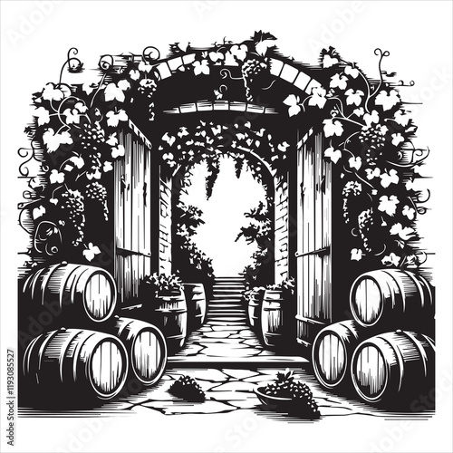 Winery ClipArt Design, Vineyard Scene vector illustration, Grapevine Graphics
