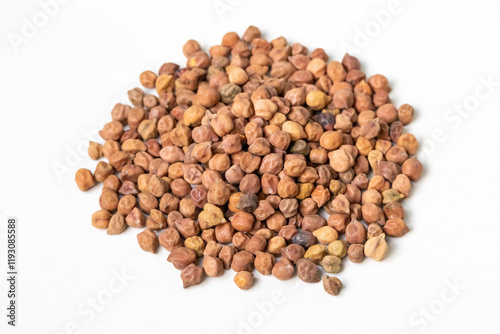 Pile of chickpeas (Cicer arietinum), also known as chola boot, gram, Bengal gram, chana, chhola, chhana, or channa, isolated on a white background. photo