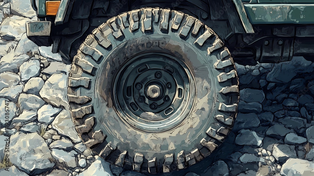 Premium off-road tire built for challenging terrains with aggressive tread pattern for enhanced stability style book illustration Premium off-road tire built for challenging terrains with aggressive tread pattern for enhanced stability style book illustration