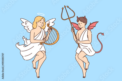 Children in images angel and demon demonstrate festive costumes for halloween or religious holiday