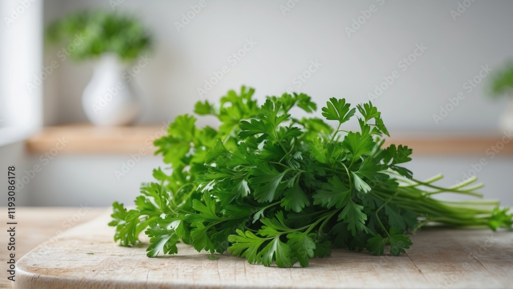 Fresh parsley on a wooden cutting board in kitchen