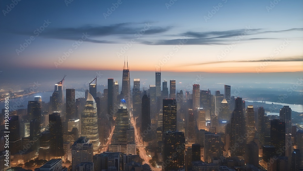 Obraz premium An aerial view of a hazy downtown cityscape at dusk, highlighting contemporary buildings and the metropolitan environment, lighted by city lights
