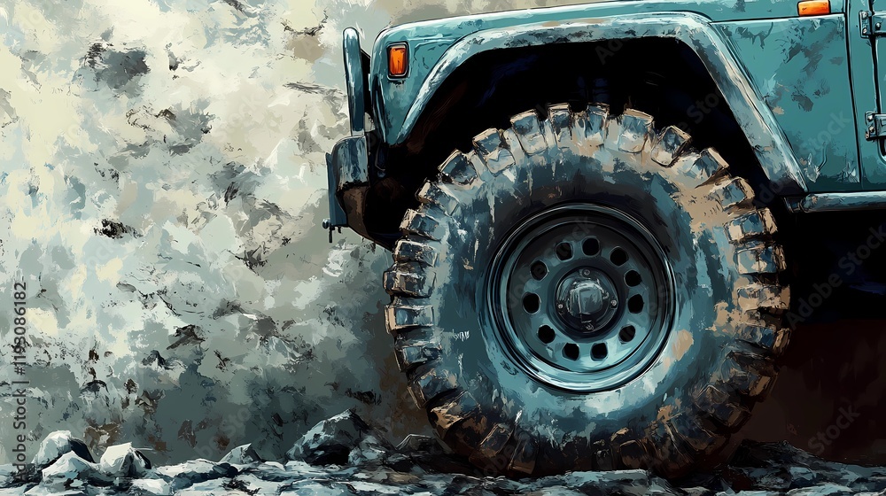 Premium off-road tire built for challenging terrains with aggressive tread pattern for enhanced stability style book illustration Premium off-road tire built for challenging terrains with aggressive tread pattern for enhanced stability style book illustration