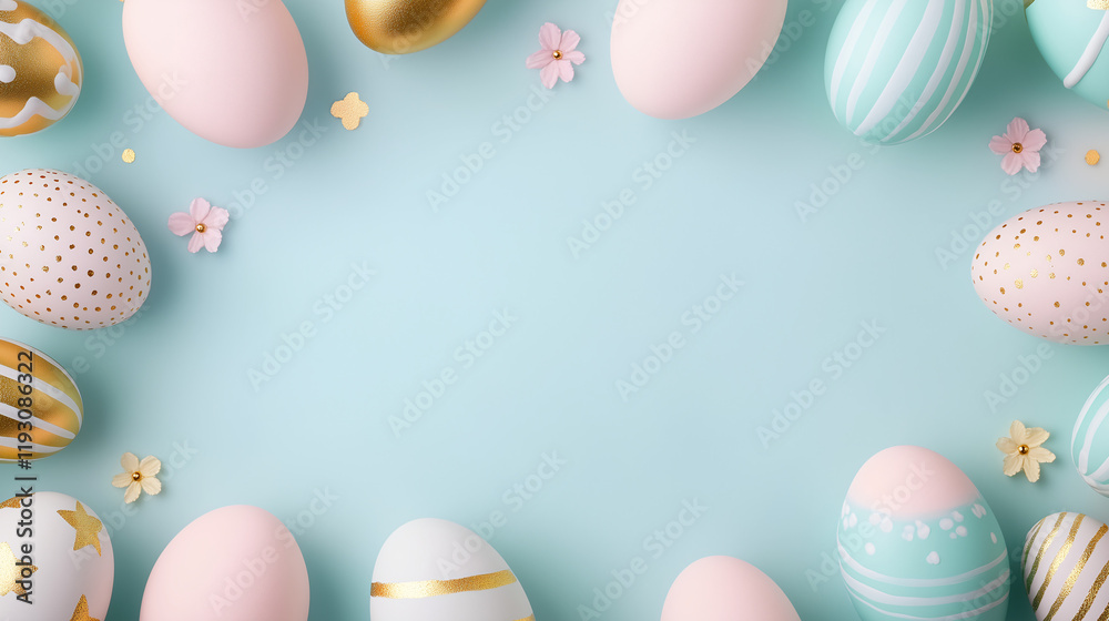 Pastel Easter Eggs Frame: A delightful arrangement of pastel-colored and gold-painted Easter eggs forms a charming frame on a light blue background, adorned with delicate little flowers. Pastel Easter Eggs Frame: A delightful arrangement of pastel-colored and gold-painted Easter eggs forms a charming frame on a light blue background, adorned with delicate little flowers.