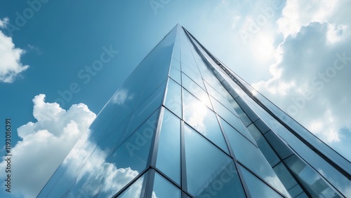 Low angle view of a modern glass skyscraper reflecting the blue sky and clouds