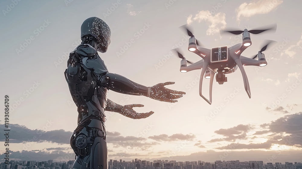 Man controlling drone with futuristic interface in outdoor setting. Technology, innovation, aerial photography, exploration, remote control, digital interface, engineering. Generative by AI. Man controlling drone with futuristic interface in outdoor setting. Technology, innovation, aerial photography, exploration, remote control, digital interface, engineering. Generative by AI.