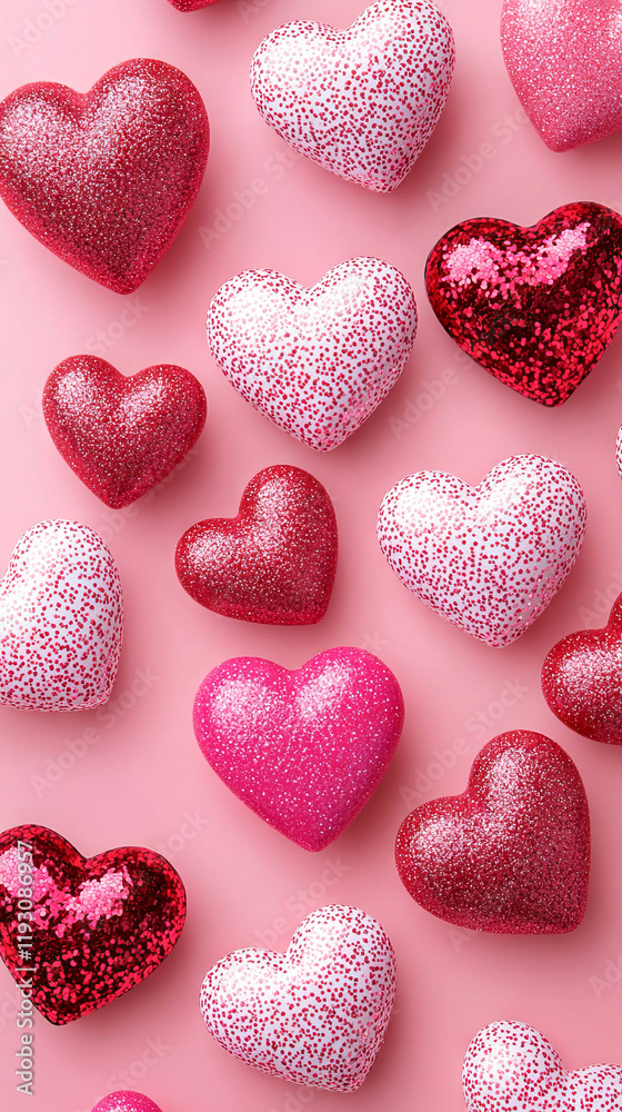 Obraz premium Sparkling Red and Pink Hearts on Pink Background. Concept of Valentine's Day Celebration, Love Symbols. Copy space. Vertical