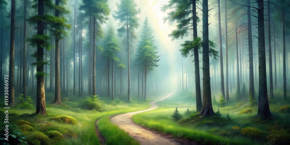 Serene Path Winding Through a Misty, Sun-Dappled Forest Serene Path Winding Through a Misty, Sun-Dappled Forest