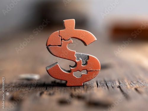 A stylized dollar sign puzzle piece on a rustic wooden surface, symbolizing financial challenges or the complexity of money management.