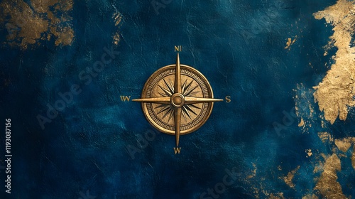 Golden Compass on a Deep Blue Map Background: A Symbol of Exploration and Direction