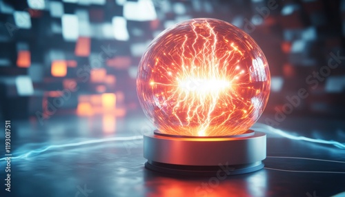 Plasma globe emitting orange light in futuristic environment