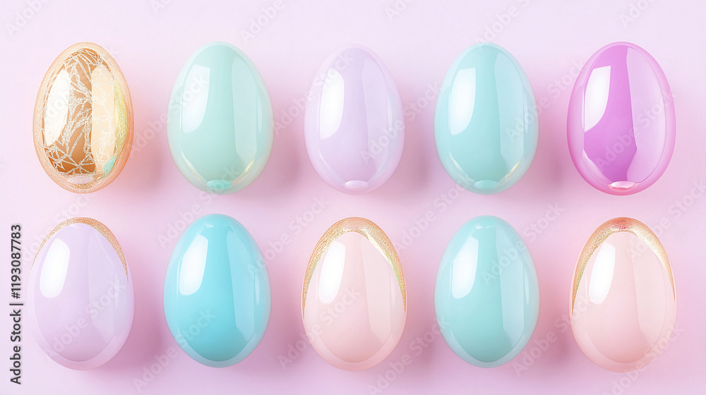 Pastel Easter Eggs: A flat lay of ten glossy pastel-colored Easter eggs arranged in two rows on a soft pink background. The eggs feature delicate swirls and a shimmering sheen. Pastel Easter Eggs: A flat lay of ten glossy pastel-colored Easter eggs arranged in two rows on a soft pink background. The eggs feature delicate swirls and a shimmering sheen.