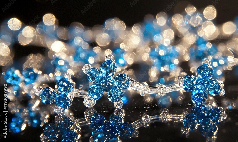 Blue crystal snowflake garland on reflective surface with bokeh background for holiday decor Blue crystal snowflake garland on reflective surface with bokeh background for holiday decor
