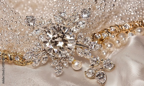 Bridal jewelry, diamonds, pearls on silk, wedding preparation, closeup