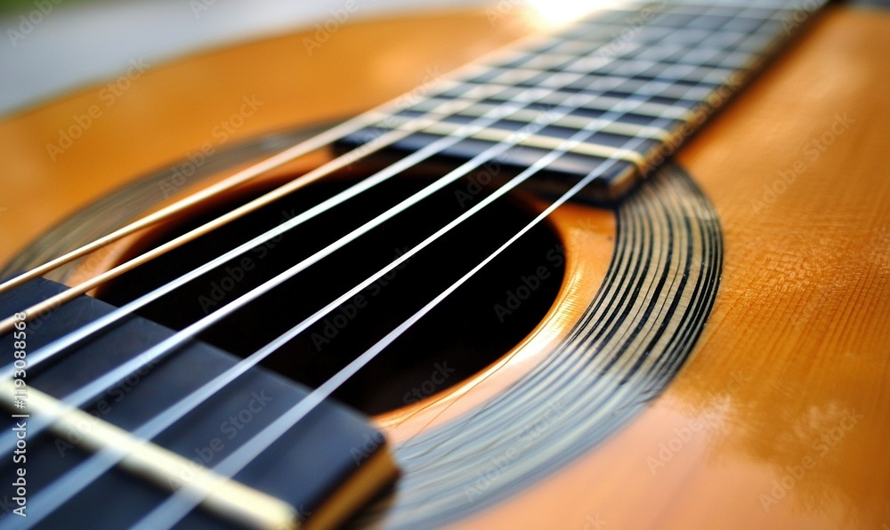Close-up of acoustic guitar strings and sound hole Close-up of acoustic guitar strings and sound hole
