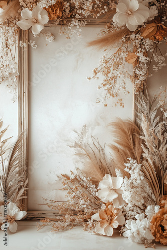 emplate with Empty Space and Boho Flowers in Beige Tones on Light Background photo