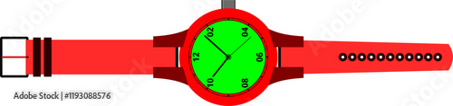 A colorful analog wrist watch with green round dial and red strip isolated on a white background