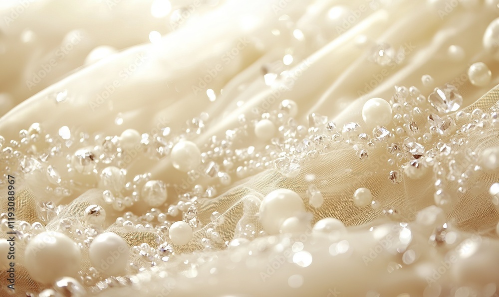 Close-up of pearls and crystals on flowing ivory fabric for wedding or fashion