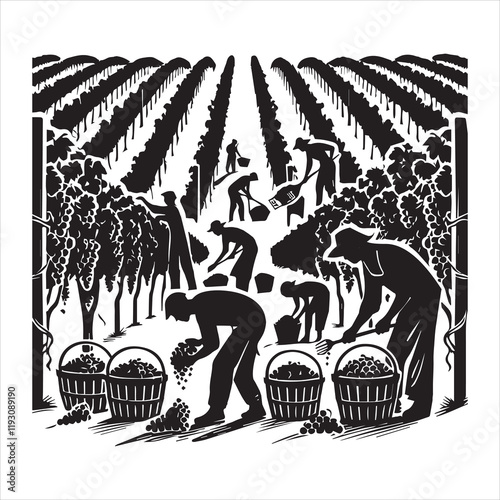 Winery ClipArt Design, Vineyard Scene vector illustration, Grapevine Graphics
