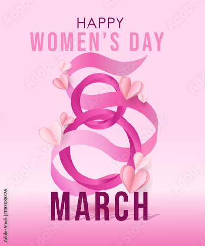 International women's day poster. March 8. Female symbol with tulips flowers and butterfly, heart, white flower, banner concept design on pink background. Typographic greeting card design. Vector