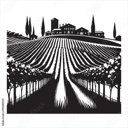 Winery ClipArt Design, Vineyard Scene vector illustration, Grapevine Graphics
