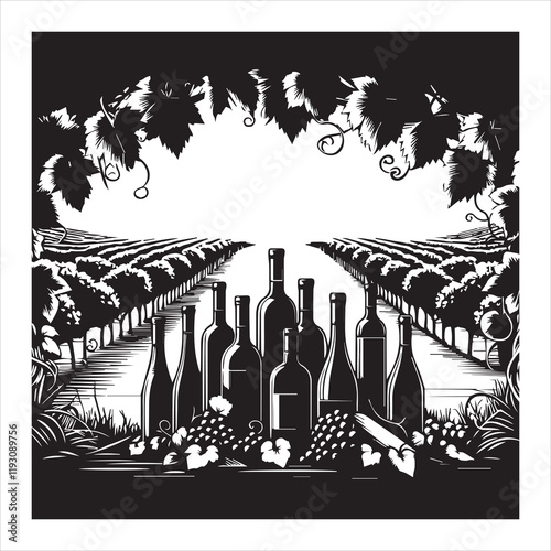 Winery ClipArt Design, Vineyard Scene vector illustration, Grapevine Graphics
