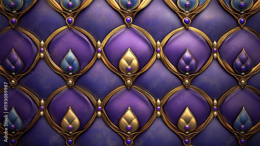 Naklejka premium Elegant silk wallpaper with traditional Thai patterns in purple and gold tones, showcasing intricate designs and textures