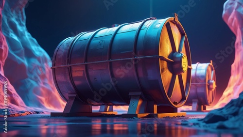 Rusty Nuclear Waste Barrel with Hazard Warning in Industrial Setting