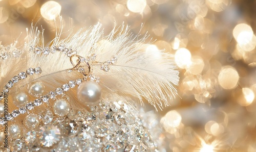 Elegant pearl and feather ornament with bokeh background for holiday designs