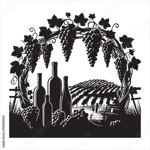 Winery ClipArt Design, Vineyard Scene vector illustration, Grapevine Graphics
