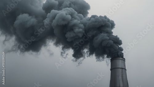 Industrial smokestack billowing black smoke into the grey sky