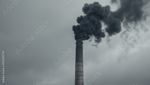 Industrial smokestack billowing black smoke into the grey sky
