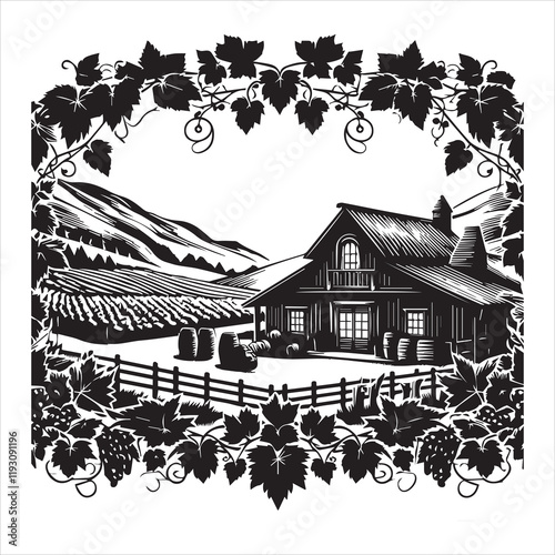 Winery ClipArt Design, Vineyard Scene vector illustration, Grapevine Graphics
