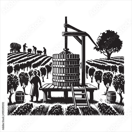 Winery ClipArt Design, Vineyard Scene vector illustration, Grapevine Graphics
